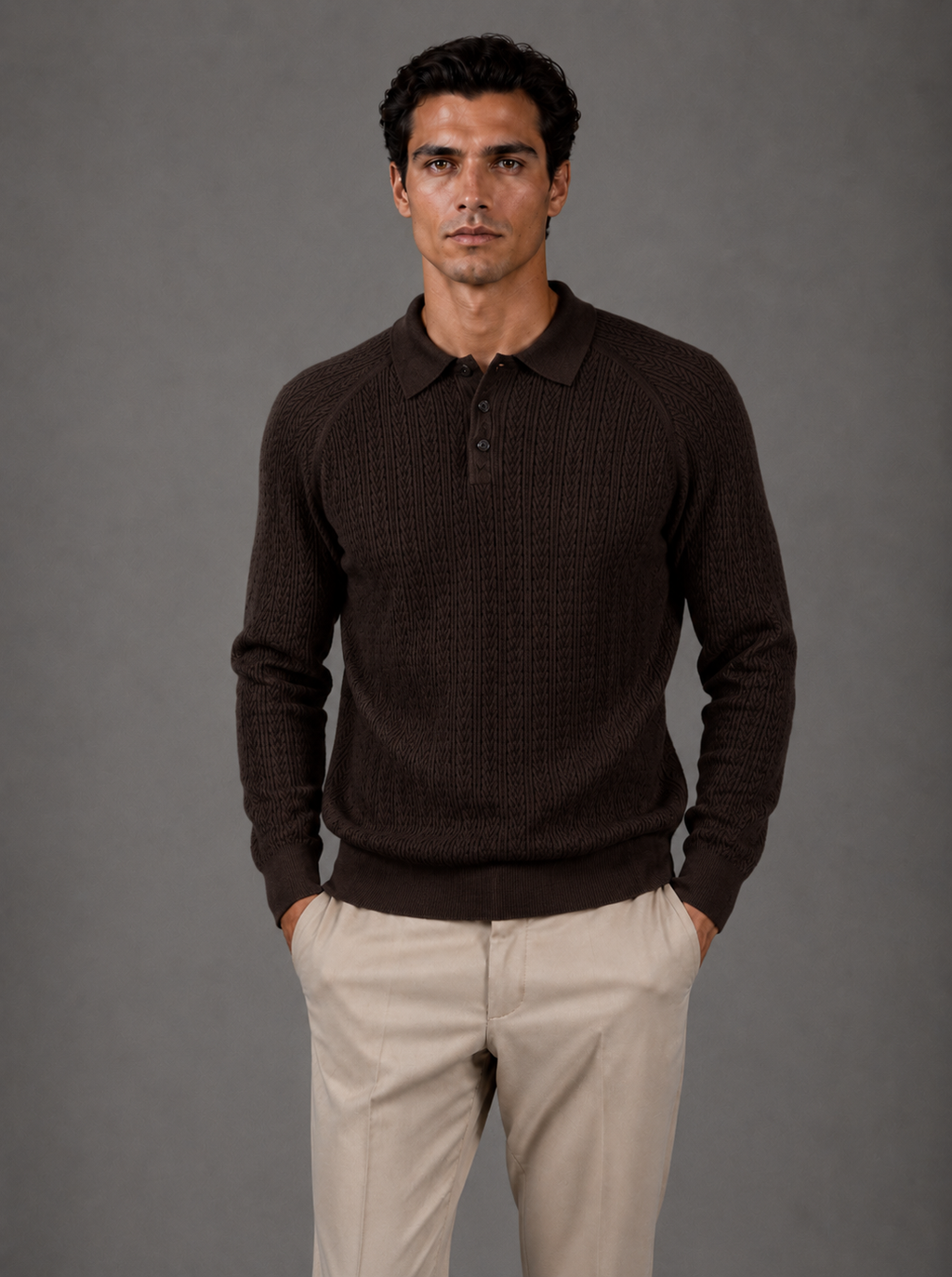 Milano Knit Long-Sleeve Polo Dark Brown