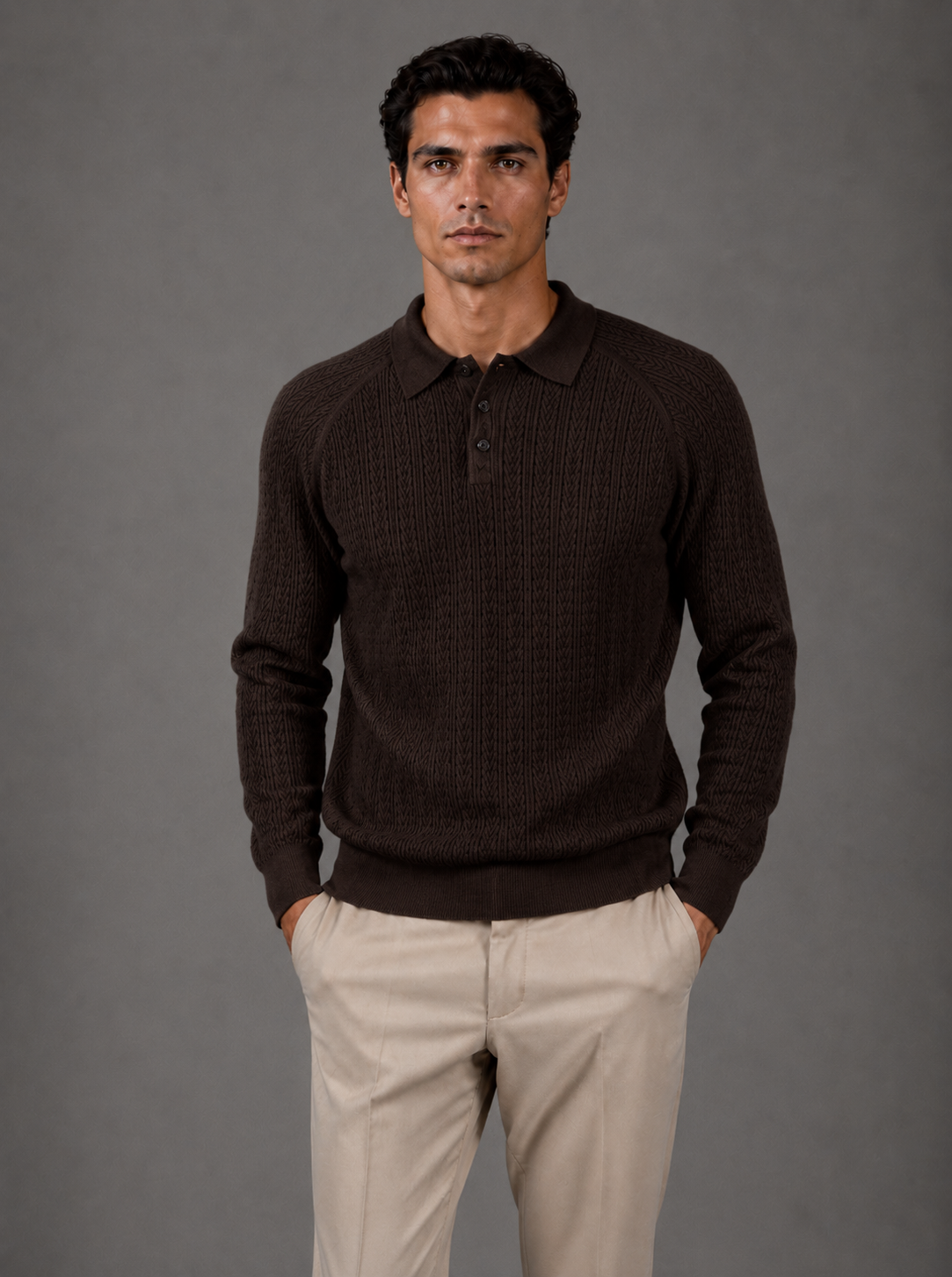 Milano Knit Long-Sleeve Polo Dark Brown
