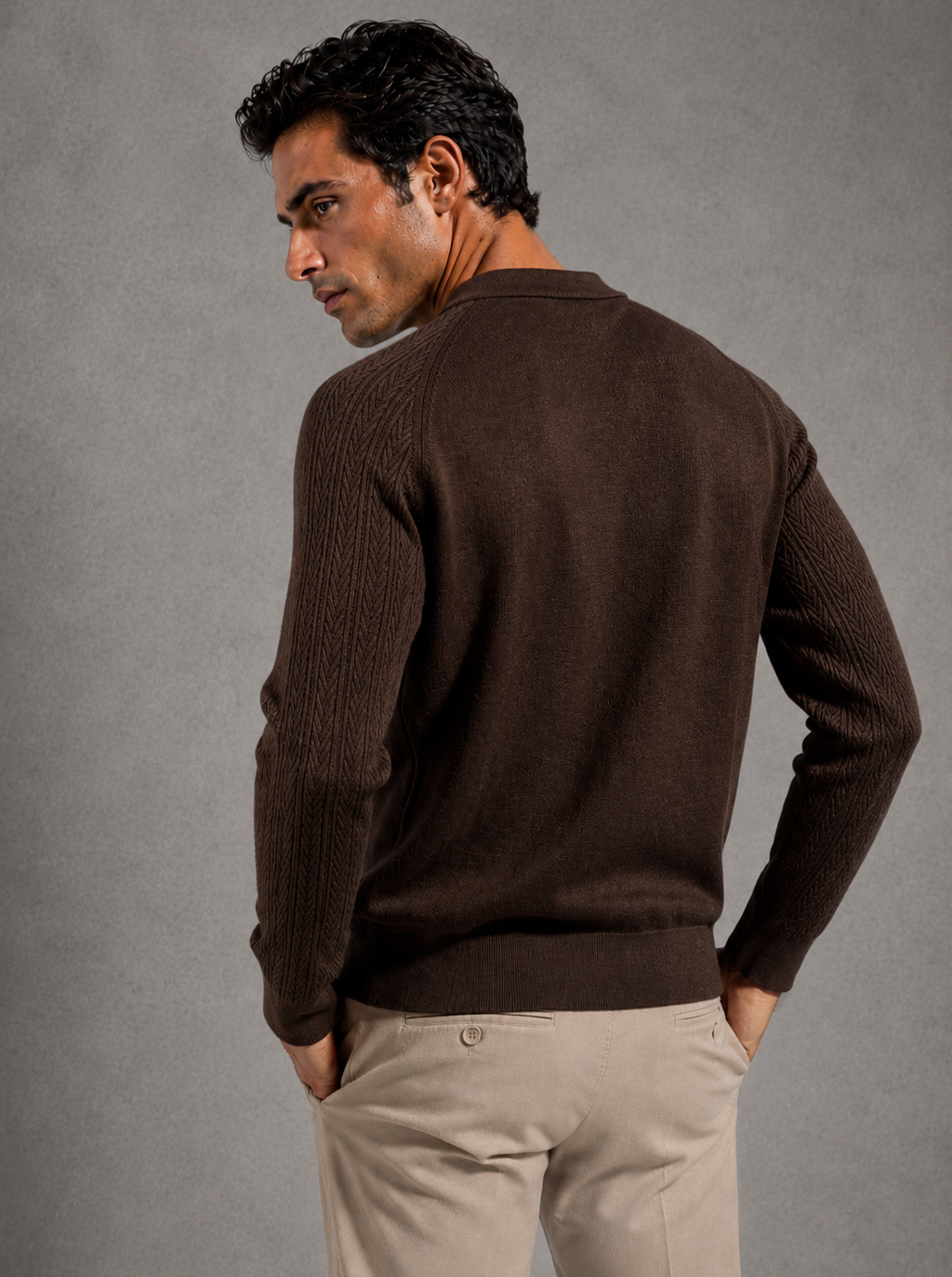 Milano Knit Long-Sleeve Polo Dark Brown