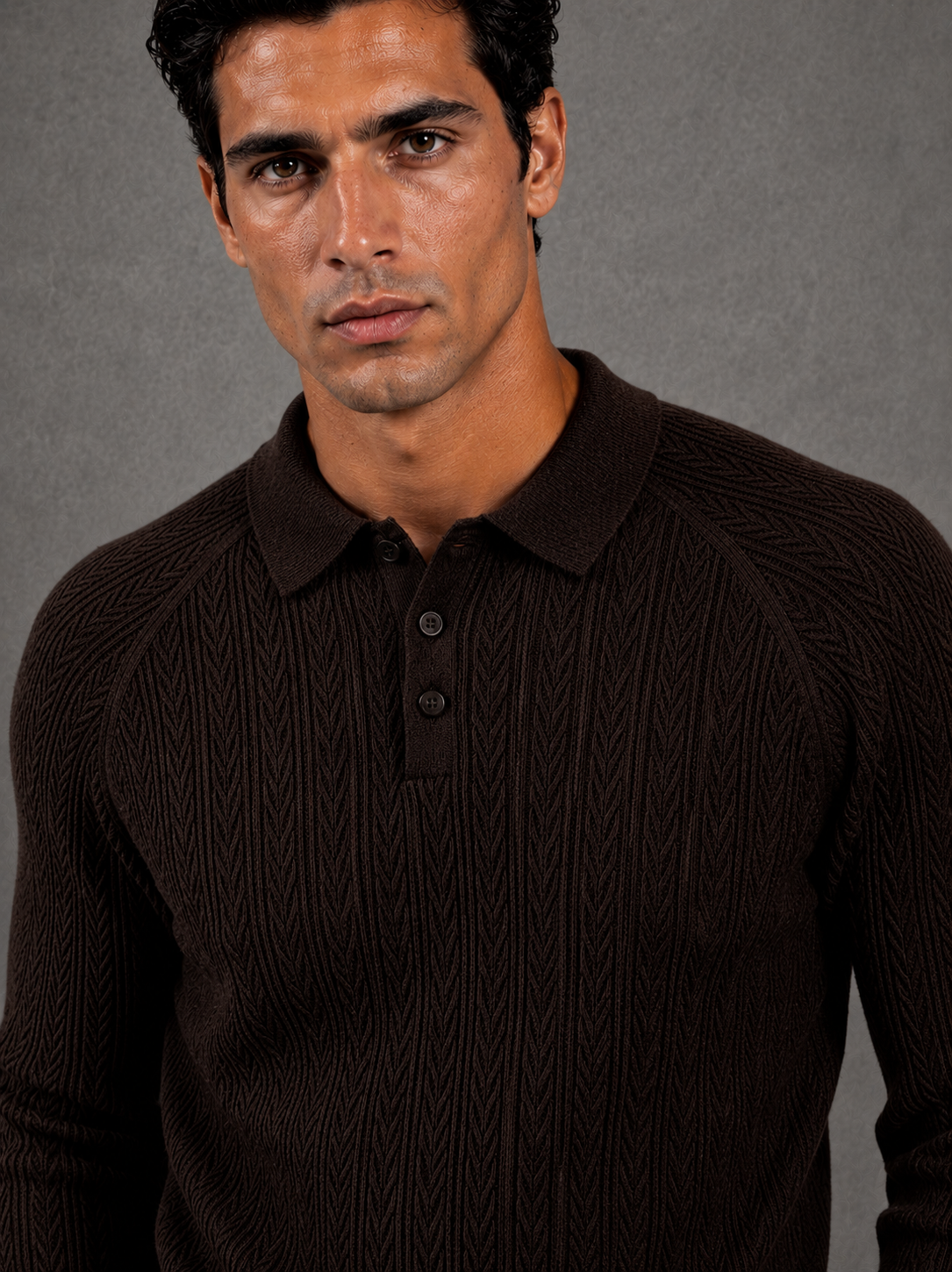 Milano Knit Long-Sleeve Polo Dark Brown