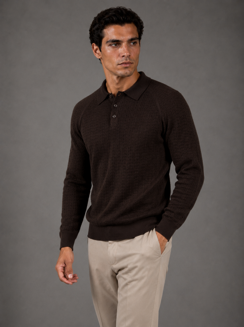 Milano Knit Long-Sleeve Polo Dark Brown